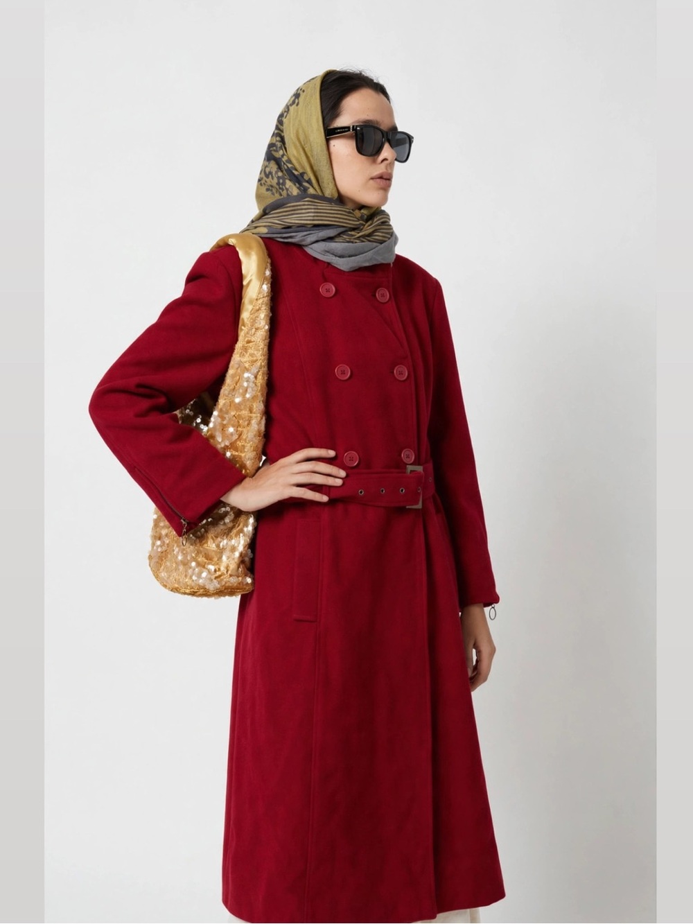 Women's Double-Breasted Red Wool Belted Coat